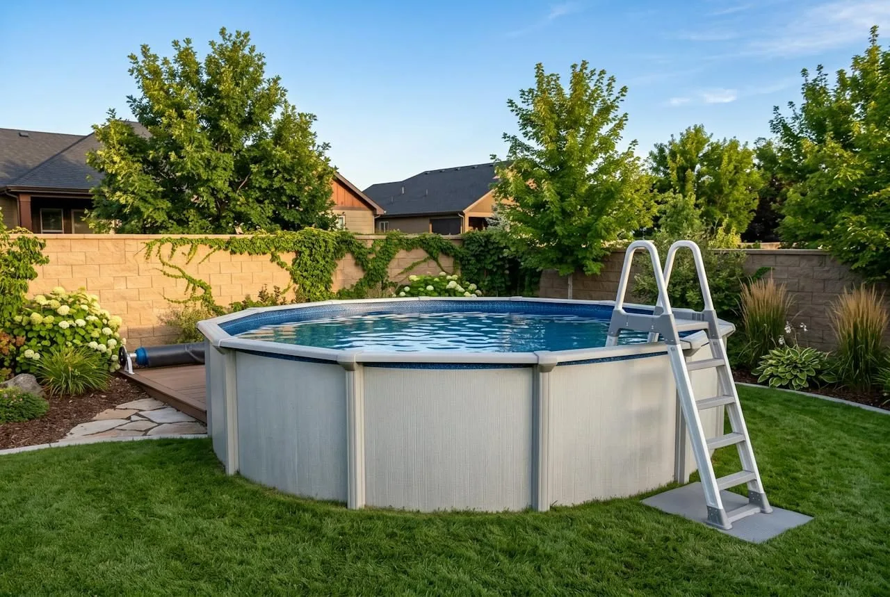 Above ground pool in a backyard with an A frame pool ladder