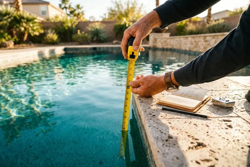 Person measuring water depth with a tape for an inground pool ladder