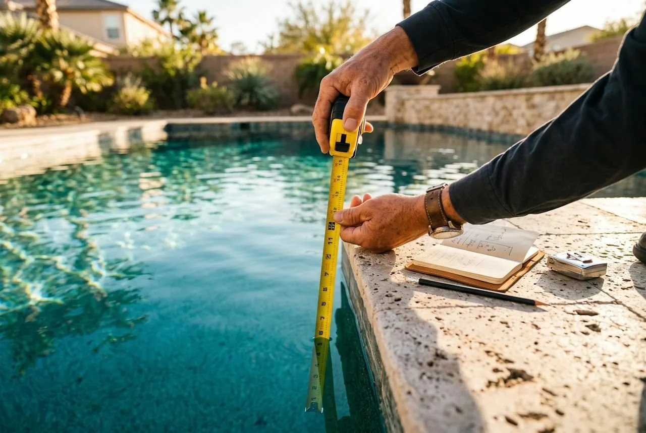 Person measuring water depth with a tape for an inground pool ladder