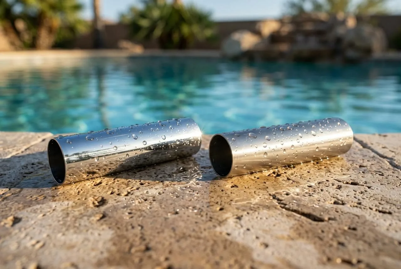 Two stainless tubes on a pool deck showing 304 vs 316 stainless steel