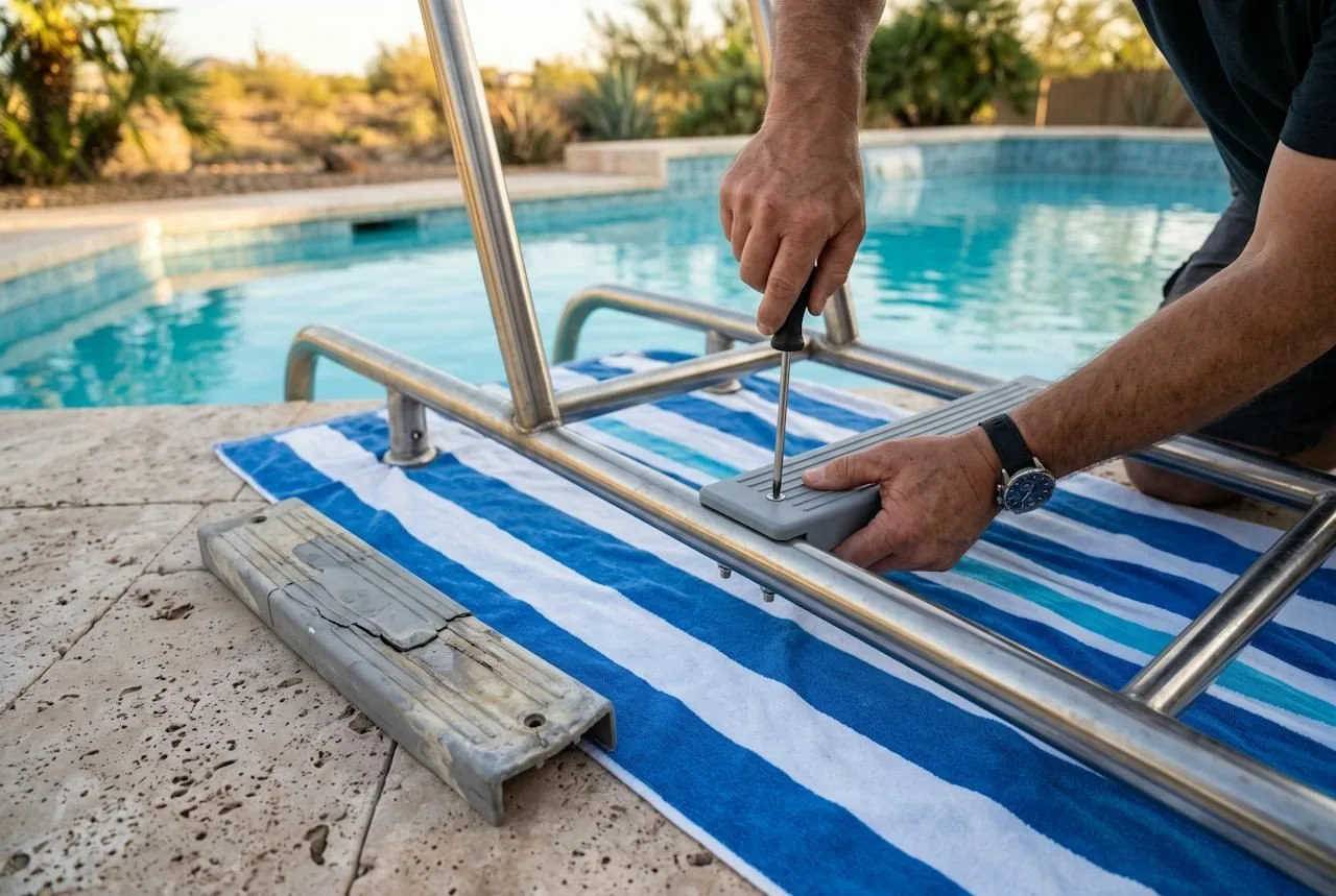 Replacing a worn tread with new pool ladder replacement parts on a stainless ladder