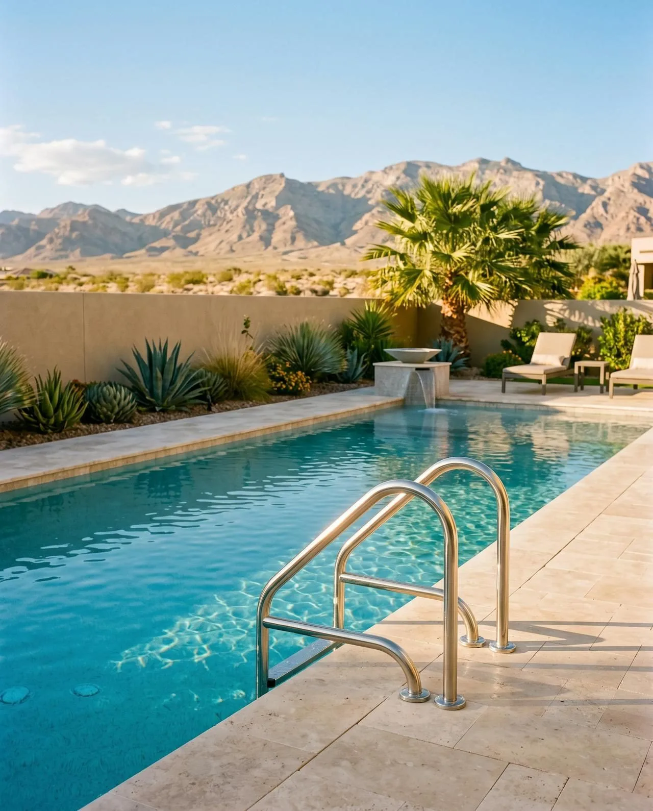Stainless steel 3-step ladder on a backyard pool in Las Vegas at sunset