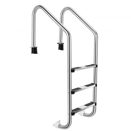3 step stainless steel pool ladder with two curved handrails and black bumpers