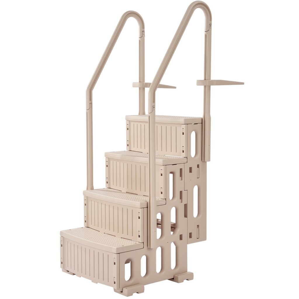 4 step pool stairs with handrails in taupe plastic with a side platform