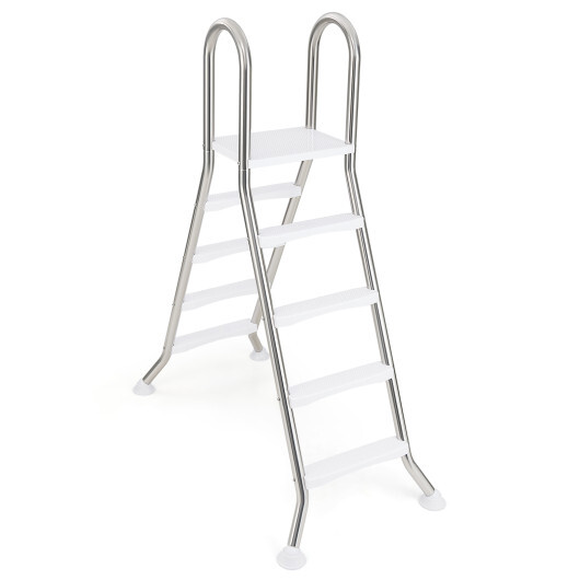 Silver stainless steel above ground pool ladder with top platform and four steps